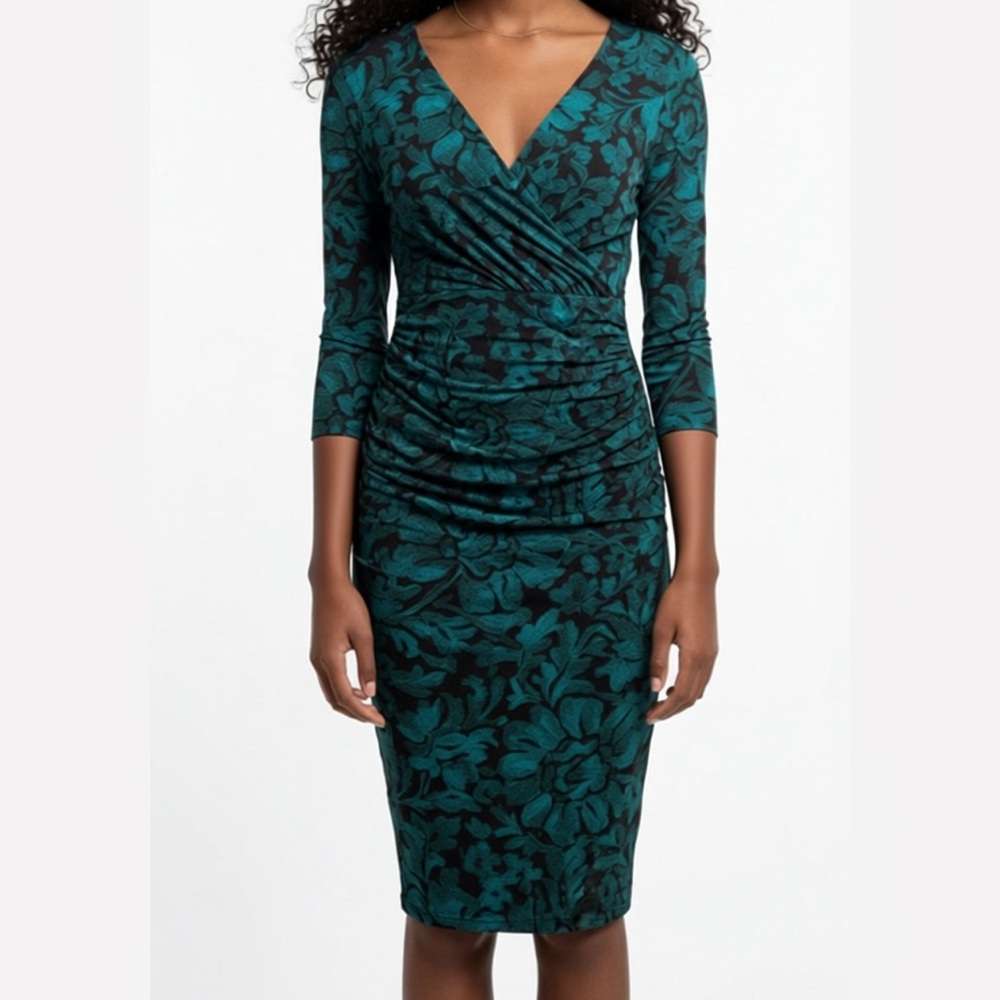 Lauren Ralph Lauren Teal Floral V-Neck Ruched Sheath Dress